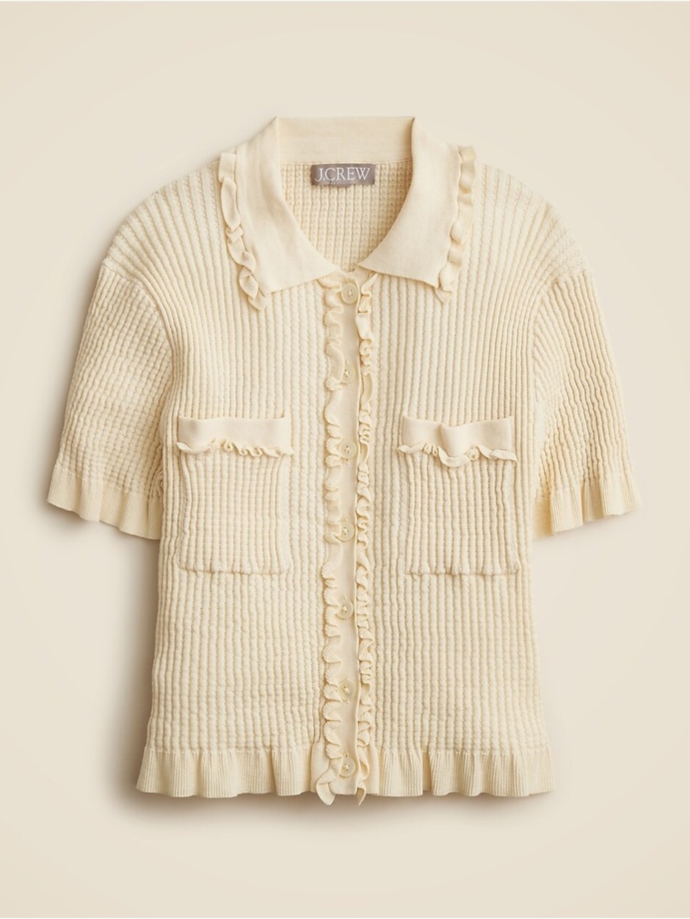 J. Crew Pointelle Ruffle-Trim Short Sleeve Cardigan Warm Sesame Size Small
